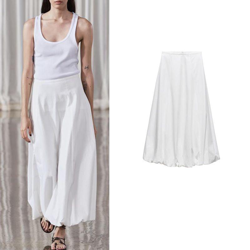 Spring New French Style Commute Style White Mid-Length Pleated Decoration High Waist Wide Swing Midi Dress 2679654