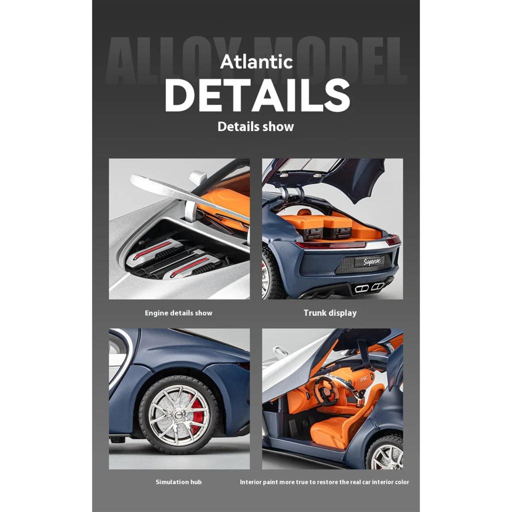 1/24 Bugatti Atlantic Luxus-Sportwagen Legierungsmodell, Simulierter Ton und Licht, Bemalte Innenausstattung, Restaurierte Details, Schreibtisch-Dekorationen