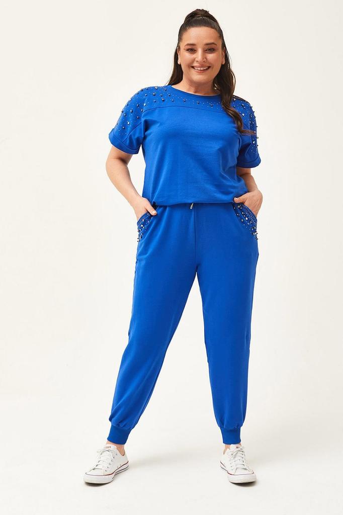 Set de trening de marime mari la moda pentru dama Set de trening de vara verde cu maneca scurta, detaliat cu piatra si margele