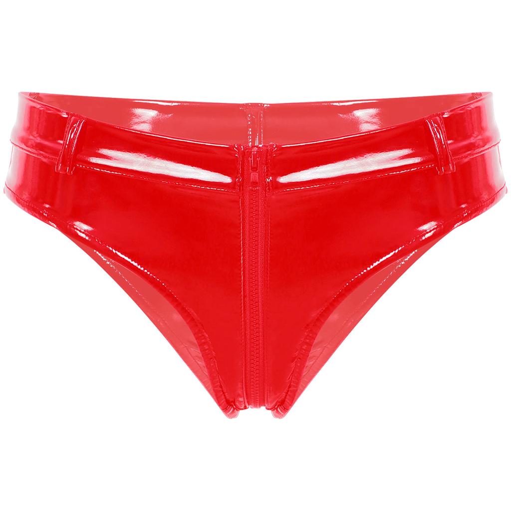 Womens Wet Look Booty Shorts Zipper Crotch Patent Leather Low Waist Hot Pants Clubwear