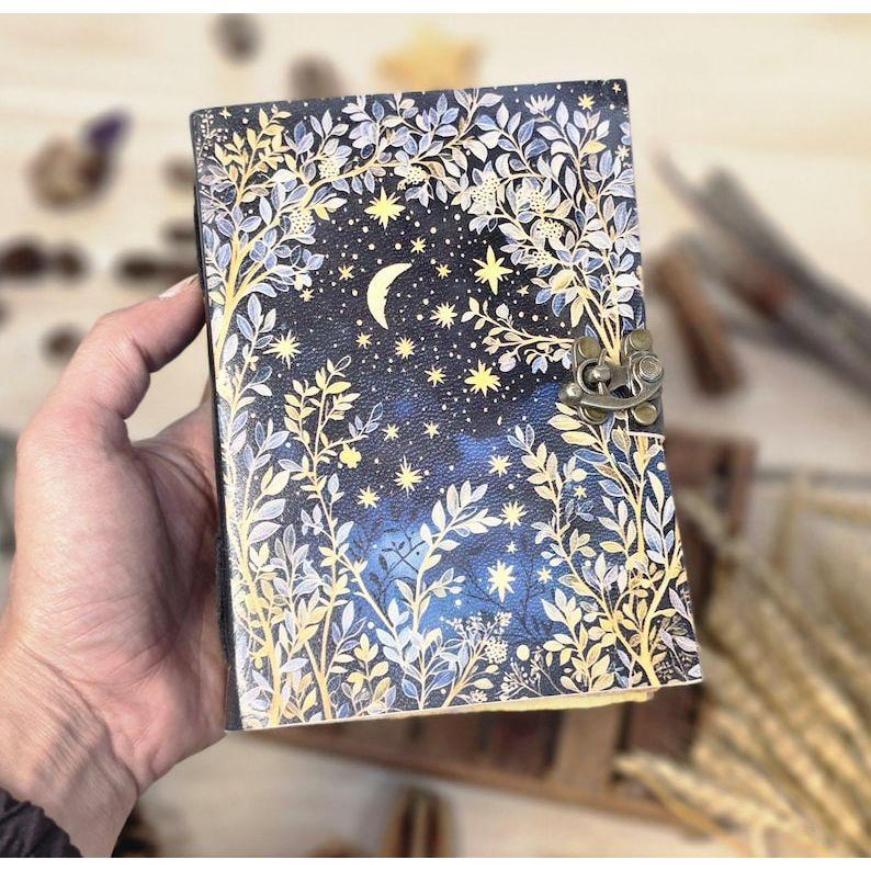 Grimoire Leather Journal • Moon And Tree Printed Blank Spell Book of Shadows Gifts For Women Vintage Journal.