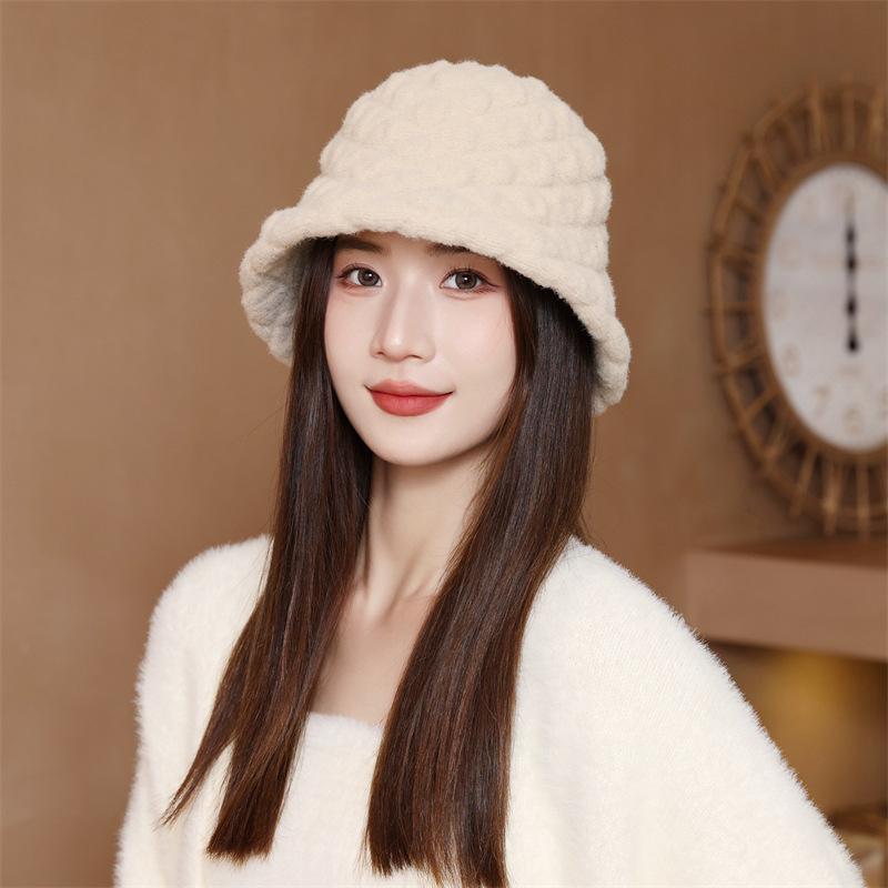 Winter Japanese Style Lazy Rabbit Velvet Bucket Hat for Women Korean Fashion Twist Pleated Warm Fisherman Hat Versatile Solid Color Cold Hat