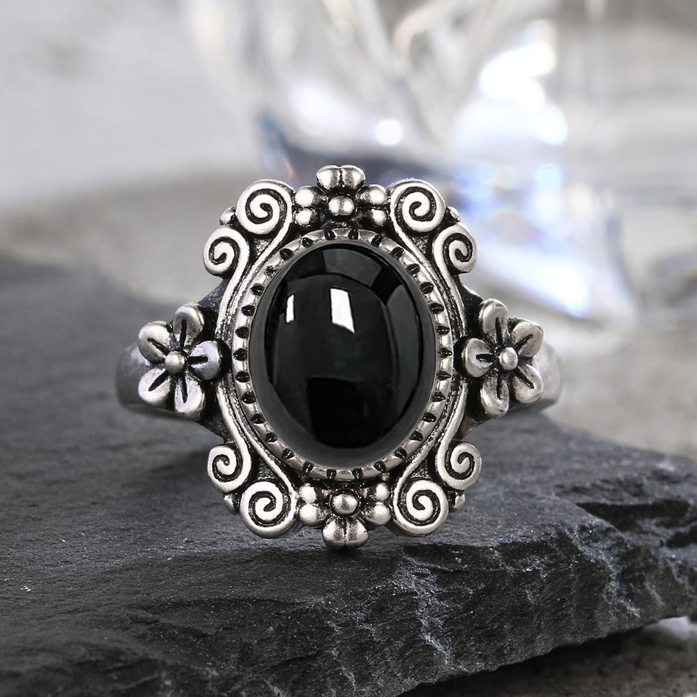 Vintage  Sterling Silver Natural Black Onyx 8*10mm Ring Flower Shaped Ring Fine Jewelry Finger Ring For Women
