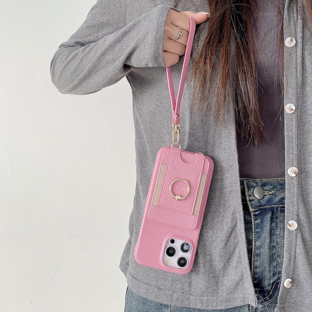 For iPhone 14 Pro Max Case Card Slots Kickstand PU Leather Back Cover with Ring Holder,Wrist Strap