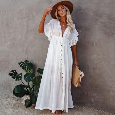 Bikini Cover Up Women Bohemian Beach Maxi Dress Cotton V Neck Ruffle Elegant Tunic Swimwear Robe Longue Femme