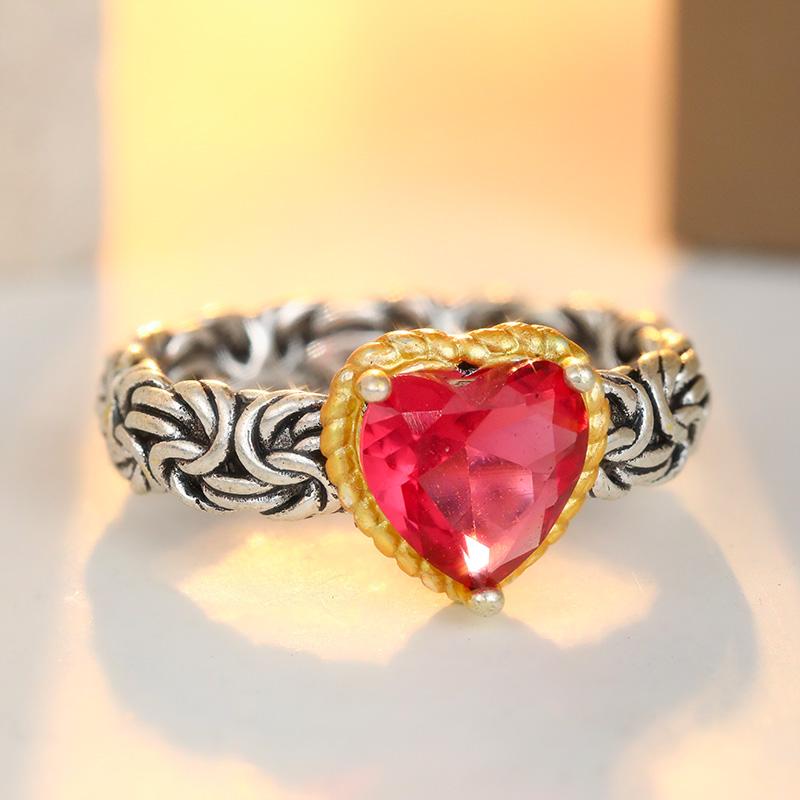 Vintage Inlaid Red CZ Heart Women's Ring Creativity Two Color Hand Carving Daily Wear Party Jewelry Anniversary Gift
