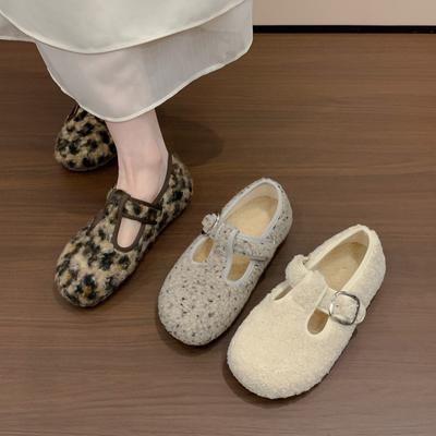 Zachte wind grijs pluizige schoenen dames buitenkleding herfst en winter platte zachte zool fluweel katoen Mary Jane schoenen