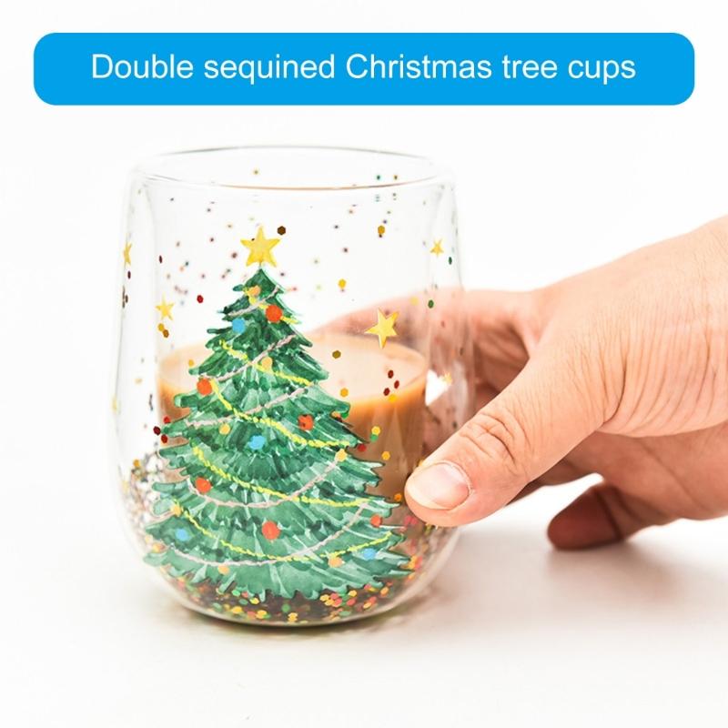 Drinking Cup with Christmas Tree Sparkles Double Walled Sparkling Christmas Tree Glass Mug for Warm Beverages