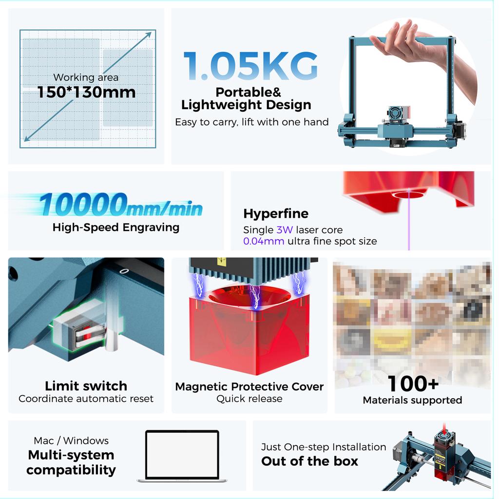 C1 Mini Gravator Laser Mașină Portabilă de Gravat Laser 3W Punct Ultra Fin 150*130mm Zonă de Gravare Stecher UE 110 240V
