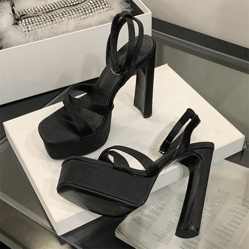 Fashion Eilyken Summer Extreme High Heels Square Toe Platform Sandals Women Fashion Narrow Band Buckle Strap Dress Party Shoes