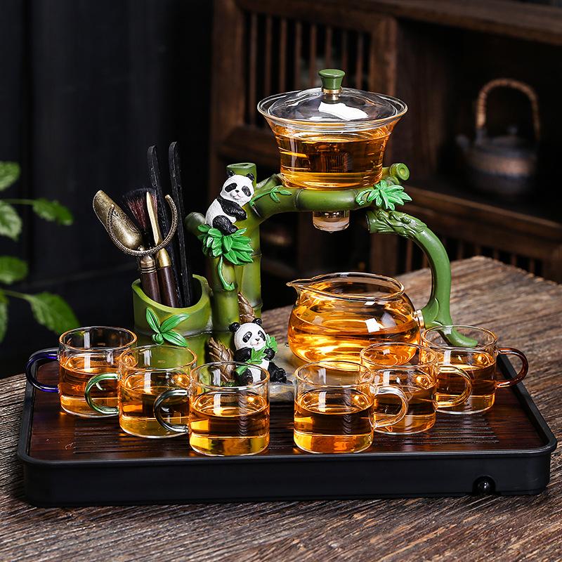 New Panda Bamboo Glass Teaware Sets Lazy Magnetic Teapot Teacup Home Kung Fu Tea Set Automatic Tea Maker