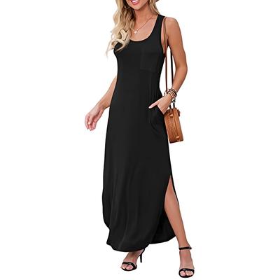 Women Summer Holiday Beach Black Sleeveless U Collar Split One Piece Dress