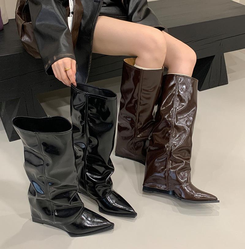 2025 new patent leather knight boots but knee boots stacked boots retro pointed autumn and winter fashion