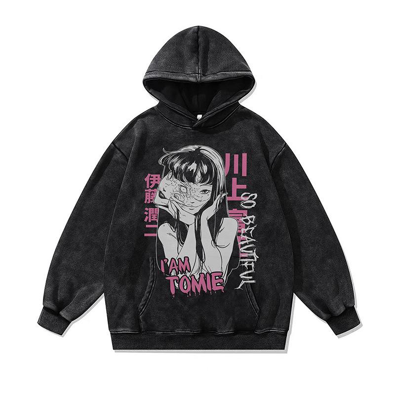 Dark Two-Dimensional Cartoon Digital Direct Injection Printing Hooded Sweater For Men And Women Washed And Old Hoodie