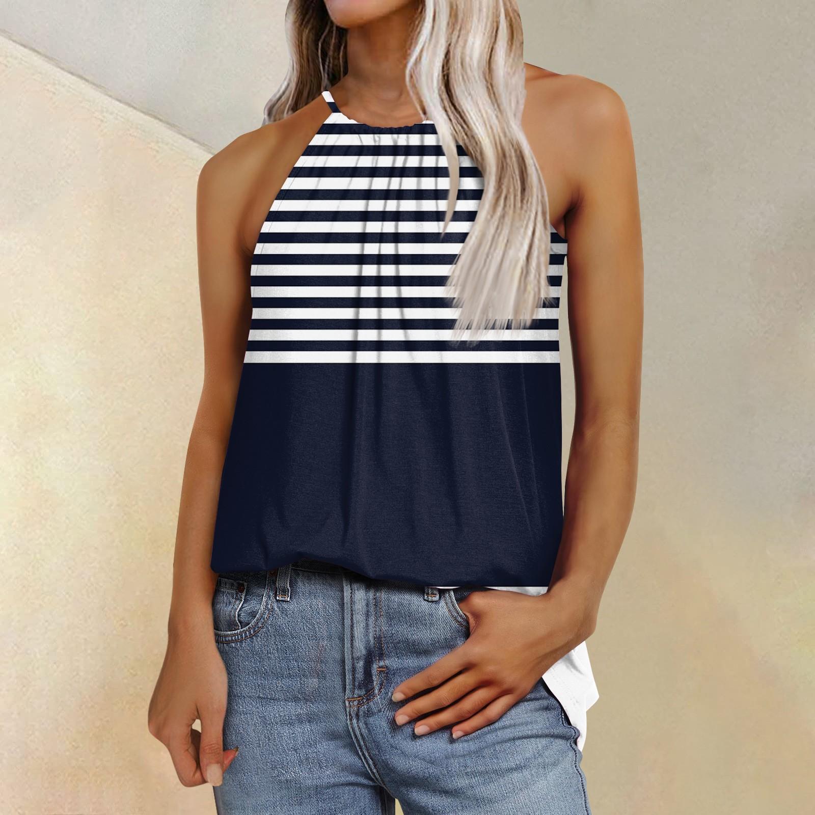 

Женская модная повседневная футболка с регулируемыми бретелями без рукавов и принтом, топ S тёмно-синий