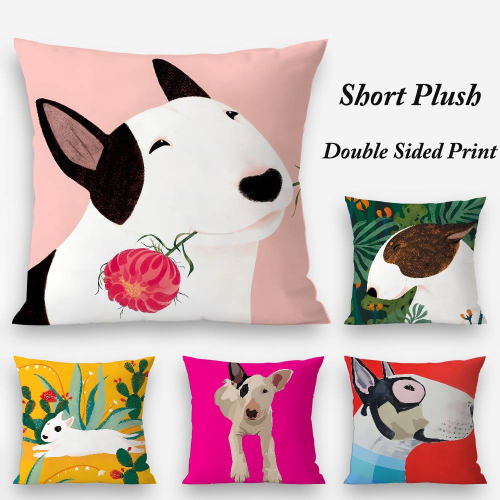 Cartoon Bull Terrier Series Pillow Case Plush Fabric Soft Double Sided Print Home Sofa High Quality Cushion Cover Throw