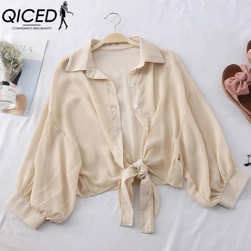 QICED Women's Fashion Casual Solid Color Print Long Sleeve POLO Neck Blouses & Shirts