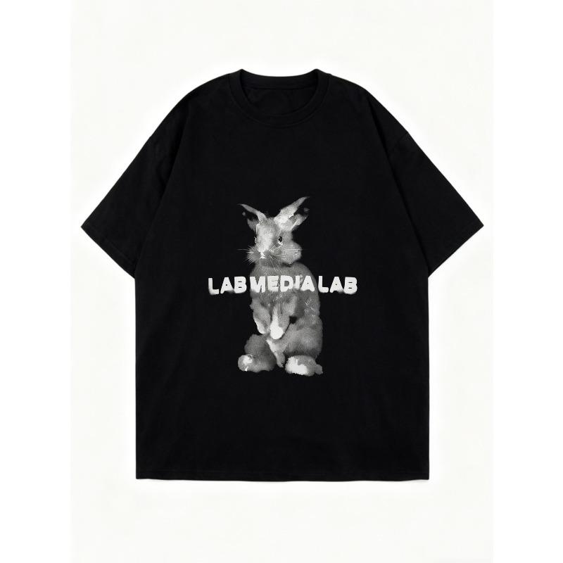 Oversized T-Shirt Black Rabbit Print With Lab Media Lab Text Casual Streetwear For Women