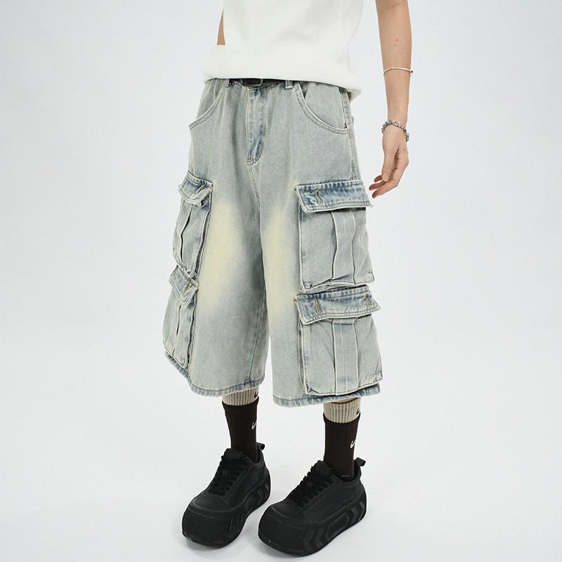 

Unisex Vintage Distressed Multi-Pocket Workwear Capri Jeans X-Large