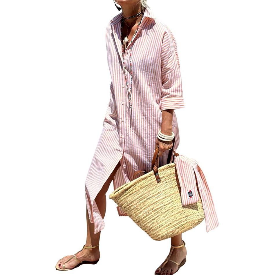 Women's Summer Shirt Dress Lapel Button Striped Waistband Long Dress Casual Side Slit Maxi Dress