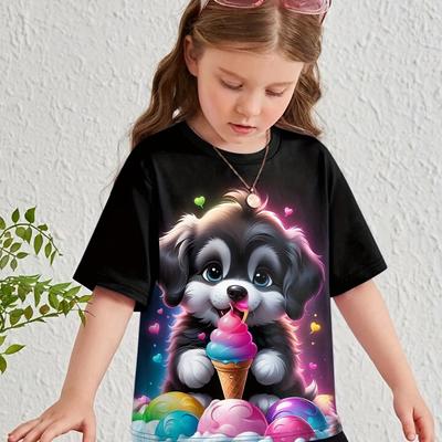 Kinder-T-Shirt mit kurzen Ärmeln und Cartoon-Tierprint, Lässiger Rundhalsausschnitt, Hübsches und Schönes Sommeroberteil für Mädchen