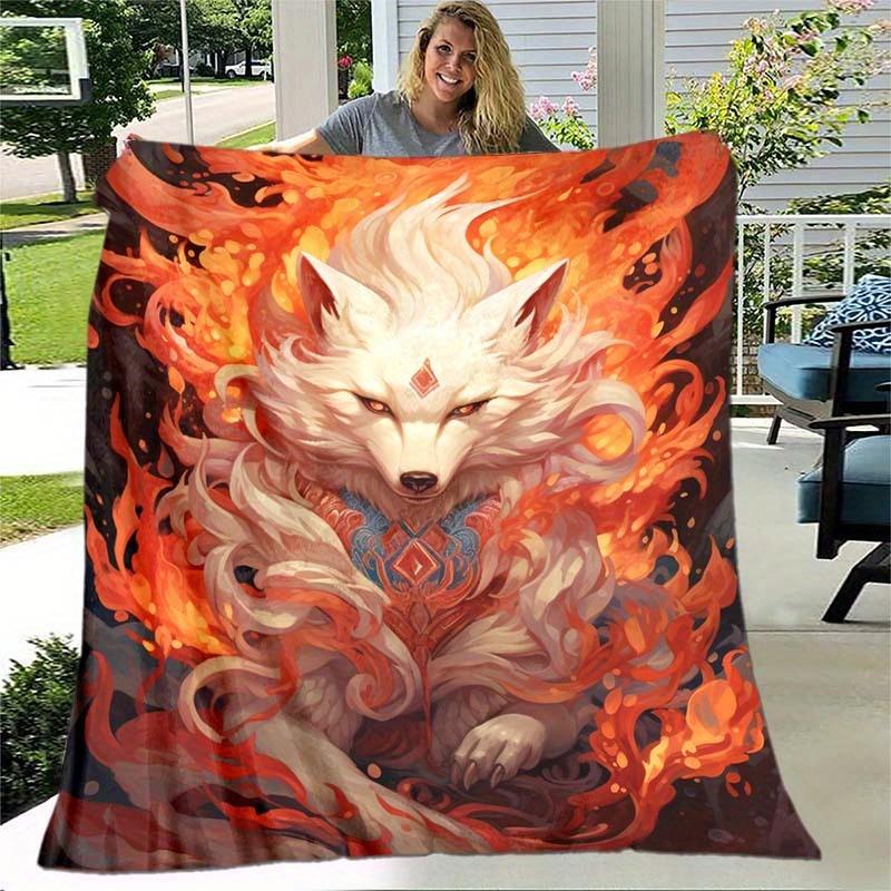 

1pc Anime Flame Nine Tailed Fox Thin Blanket - Lightweight Flannel Throw For Sofa, Bed, Travel, Camping, Livingroom, Office, Cou 70x100cm