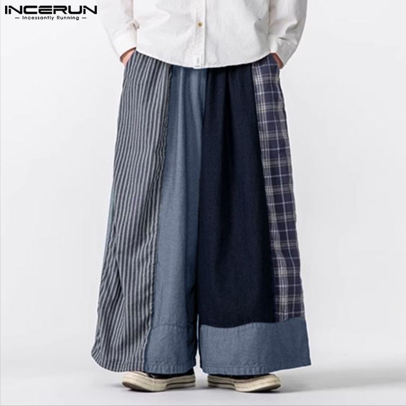 INCERUN Men Casual Elastic Waist Patchwork Plaid Long Baggy Wide Legs Pants Trousers