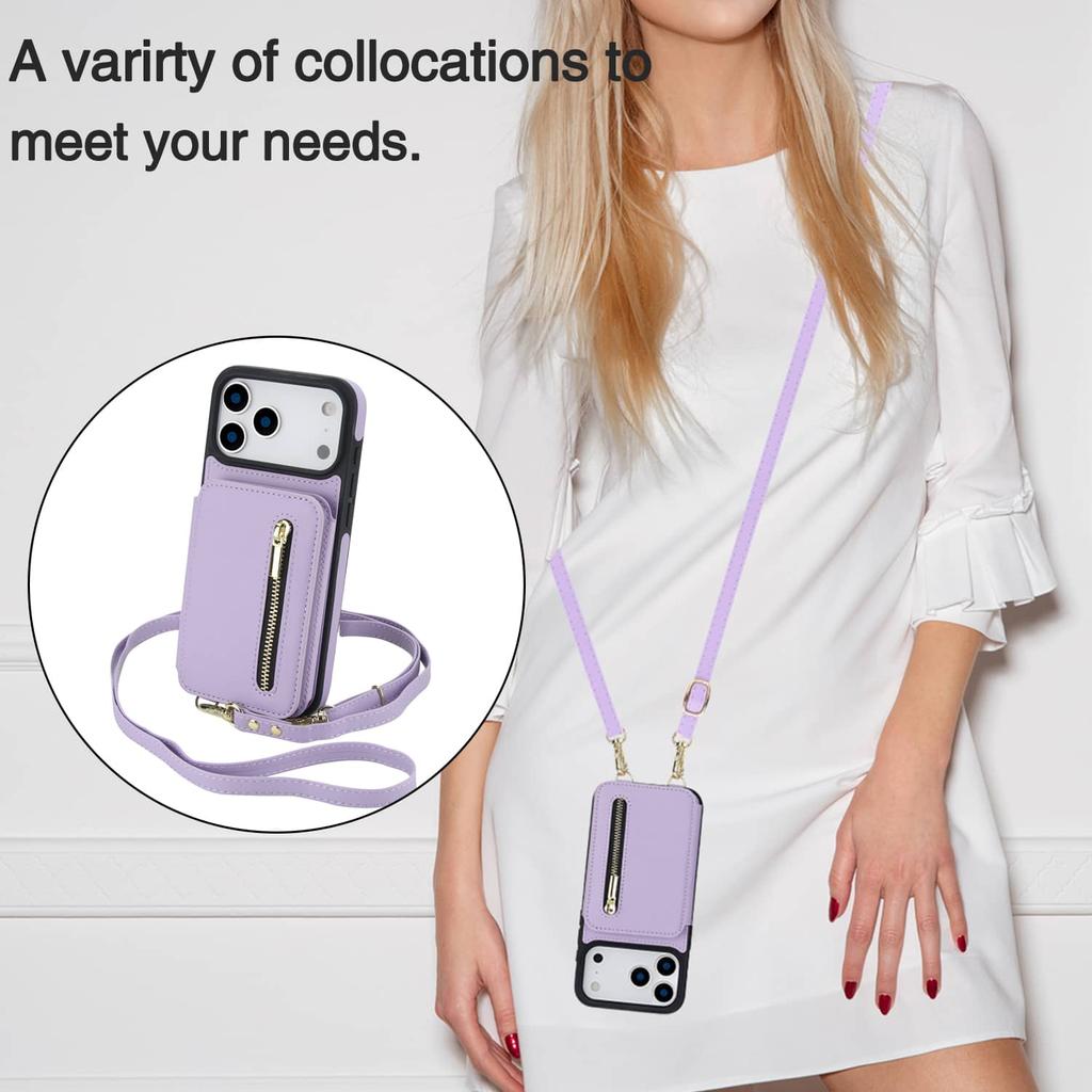 Zipper Wallet Case for iPhone 17/16e/16 Pro Max iPhone Air Women Crossbody Purse Credit Card Holder Lanyard Flip Kickstand Cover