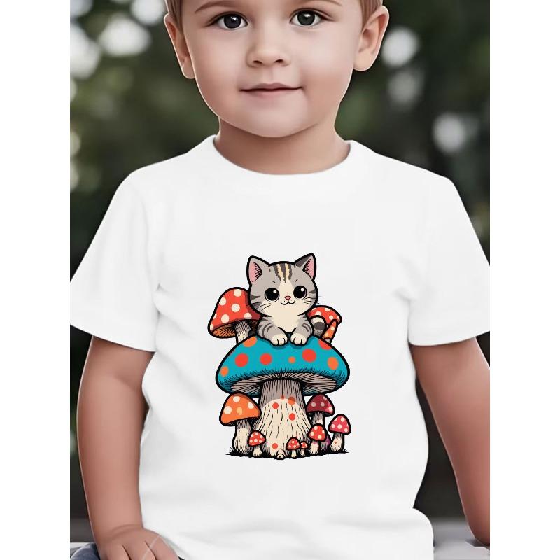 Boys Crewneck Short Sleeve T-Shirt, Cute Cartoon Cat & Mushroom Print 110 белый