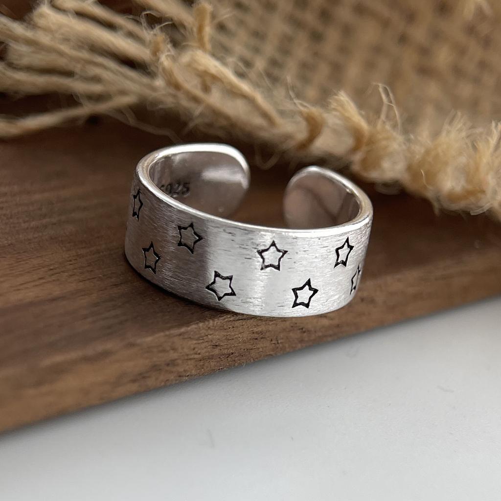 925 Sterling Silver Rings for Women Couple Minimalist Handmade Simple Wide Star Ring Fine Jewelry Gift Prevent Allergy