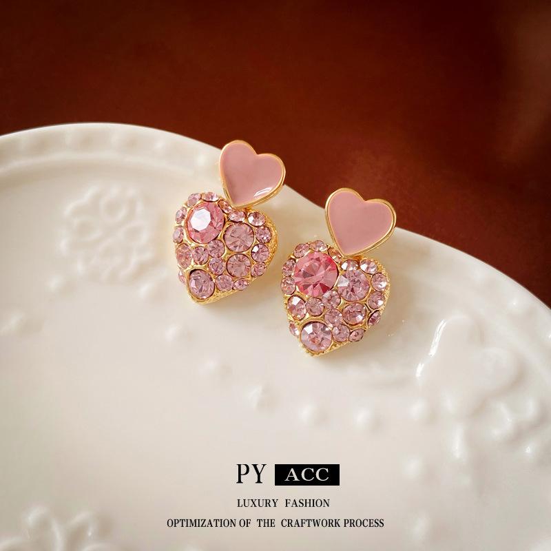 Real Gold Electroplated Silver Needle with Diamonds, Dripping Oil Love Earrings, Korean Light Luxury Temperament Earrings, Exquisite Niche Earrings.