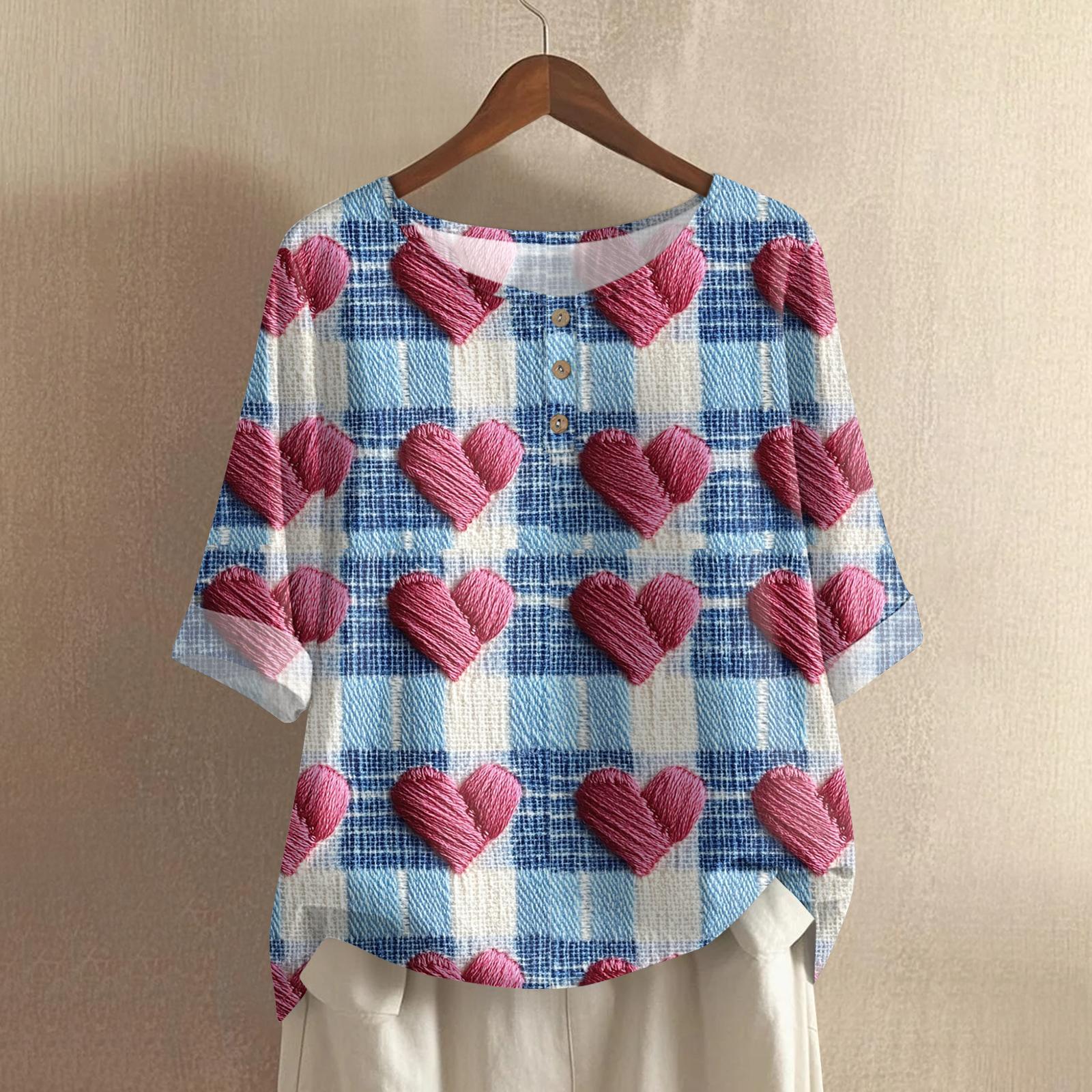 

Women s Valentine s Day Printed Casual Mid Sleeved Round Neck Cotton And Linen Top XL винний