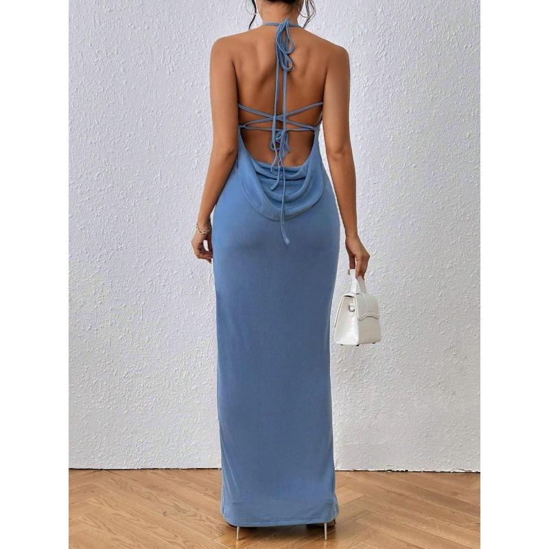 Women Halter Neck Bodycon Maxi Dress Sleeveless Backless Form Fitting Party Dress
