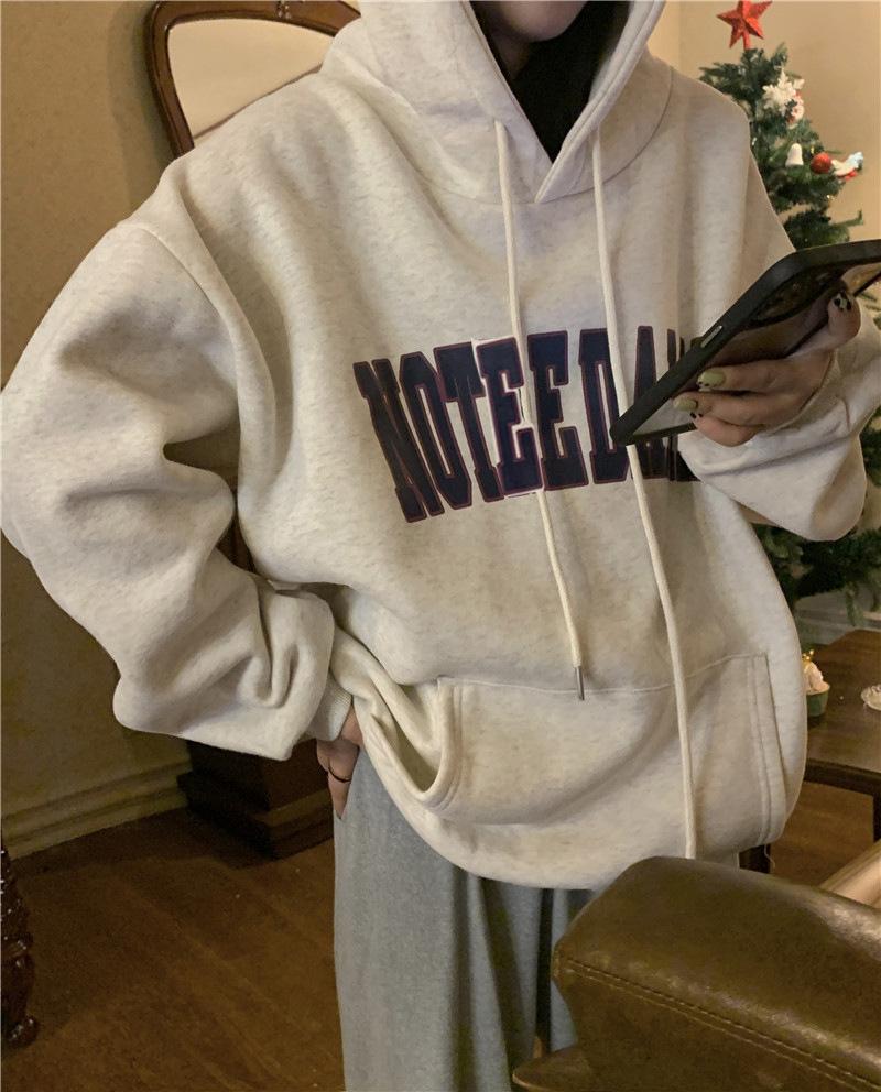 Women Warm Soft Hoodies Padded Hooded Sweater Fall and Winter Big Yards Printed Flannel Shirt Fall and Winter Retro Simple Literary Loose Tops