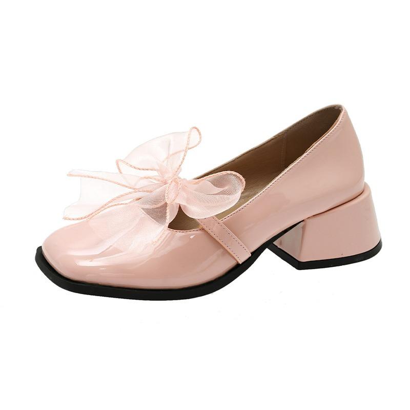 Thick Heel Shallow Mouth Single Shoes Women's Word with Mary Jane Shoes Ribbon Bow with Skirt Small Leather Shoes
