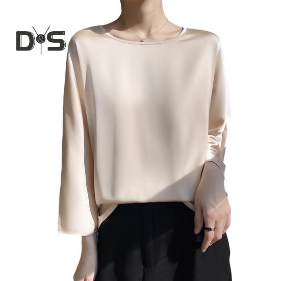 

Весна-лето Женская блузка с круглым вырезом и расклешенными рукавами 3/4, однотонная свободная футболка из гладкого атласа, тонкая уличная одежда 2XL шампанского