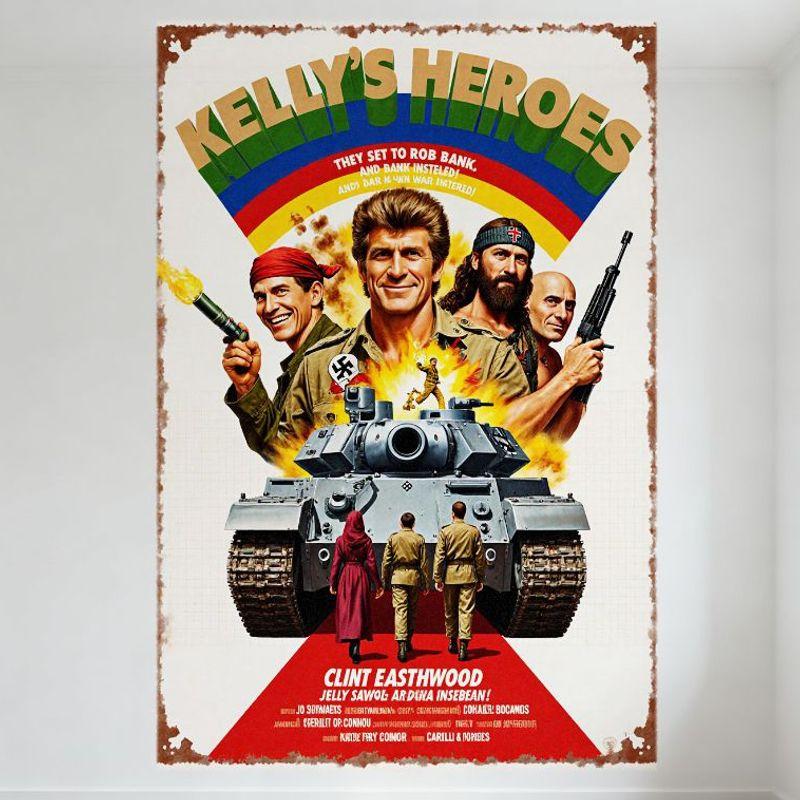 

Kelly’s Heroes Vintage Metal Tin Sign, Classic War Movie Poster with Tank & Soldiers, Clint Eastwood, Home Bar Cafe Man Cave Dec 20x30cm（7.8x11.8inch）