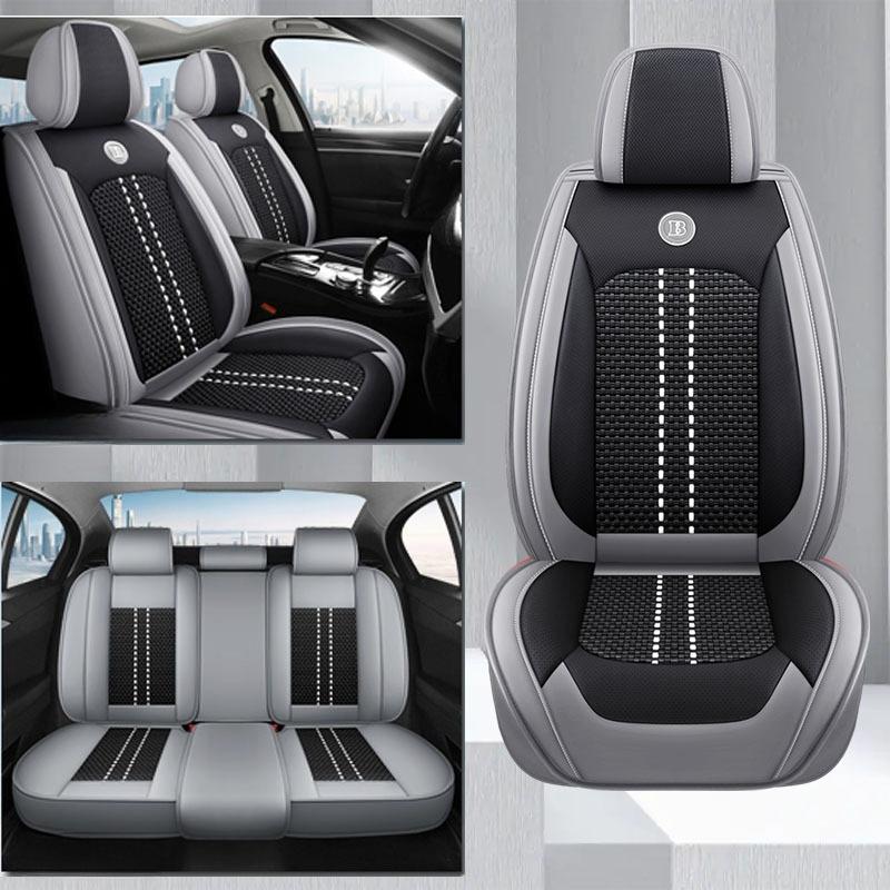 5-Seater High-Quality Full-Coverage Leather & Ice Silk Car Seat Covers - Universal Fit, Breathable, Anti-Slip, Easy to Install