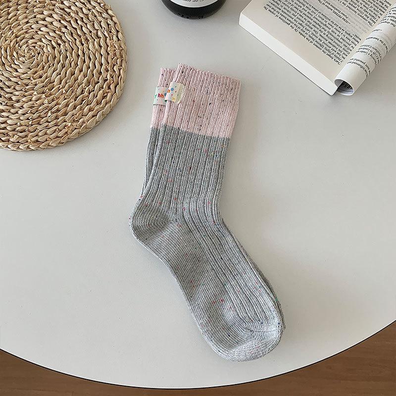 Socks Women'S New Trendy Socks Idea Thick Thread Splicing Cloth Label Cotton Socks Mid-Length Piles