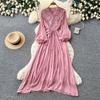 Retro elegant wind lantern sleeves V-neck lace splicing dress women's waist and thin temperament long dress