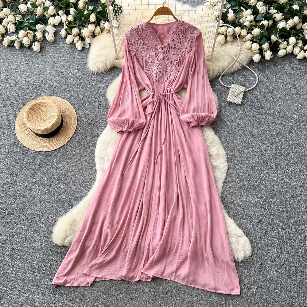 Retro elegant wind lantern sleeves V-neck lace splicing dress women's waist and thin temperament long dress