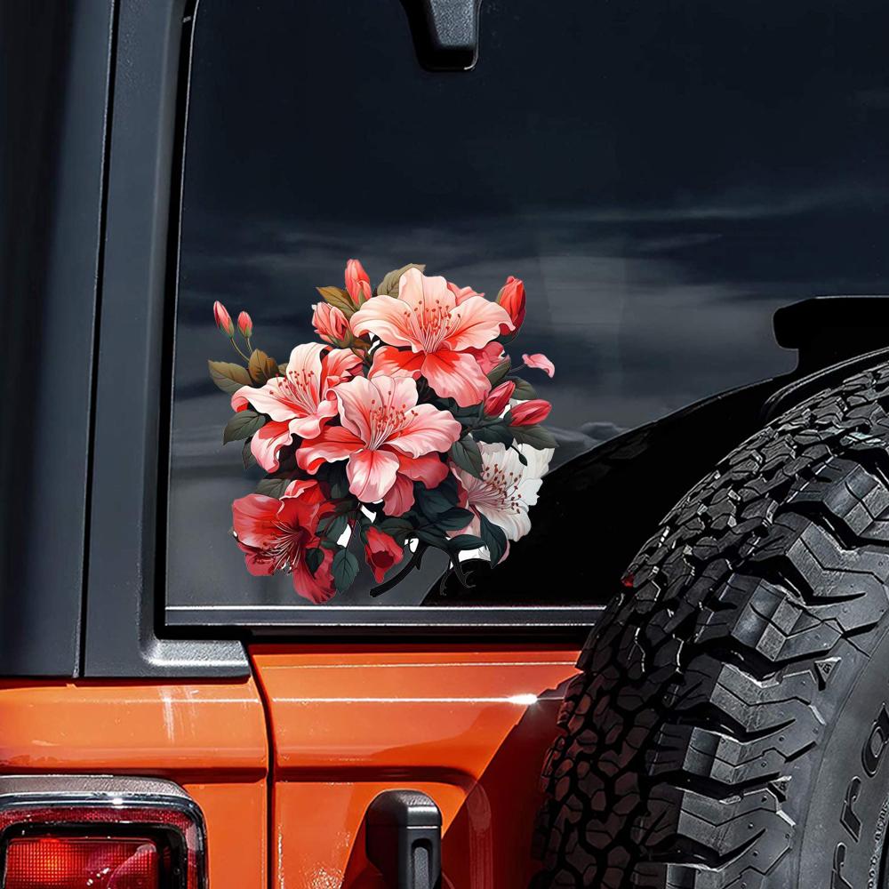 QT2191#15cm Bright Red Azalea Floral Waterproof Car Decorative Decal, Suitable for Cars, Laptops, Bumpers, Glass Window Sticker