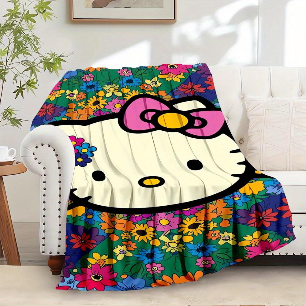 

For Hello Kitty, Floral Pattern, Cartoon CharacterAnime-Themed Flannel Blanket, Glam Style, Digital Print, All-Season Comfort, Tear-Resistan 130x150cm