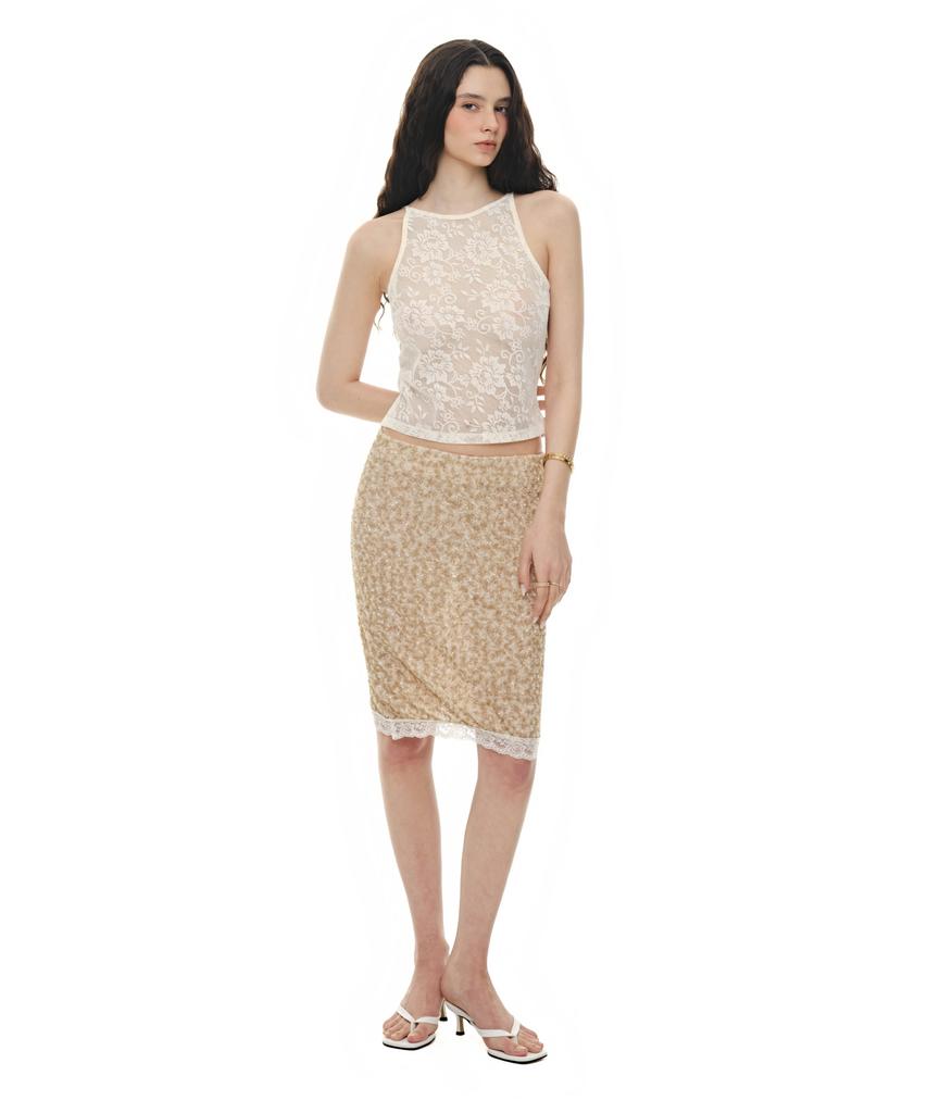 Too Much Tax Lace Point Sparkle Midi Skirt Beige
