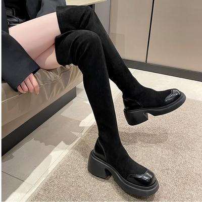 Fashion Thick Soled Black Elastic Knee Length Boots for Women 2024 Autumn and Winter Spicy Girls Show Thin and Leggy Socks Boots Female