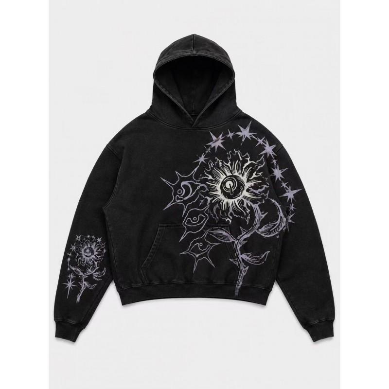Mens Vintage Distressed 3D Printed Star Floral Oversized Hoodie Casual Streetwear Sweatshirt