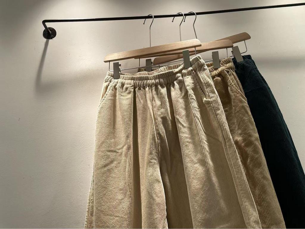 Autumn/Winter Mori Girl Style Women's Corduroy Wide-Leg Pants with Elastic Waistband and Lace Hem