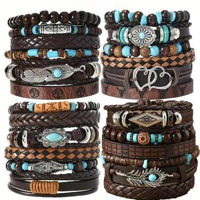 Lederarmbänder für Männer Frauen Handgefertigt Wickel Geflochtene Manschettenarmbänder Holzperlenarmbänder Vintage Ethnisch Stammes-Armbänder Armband-Set Verstellbar