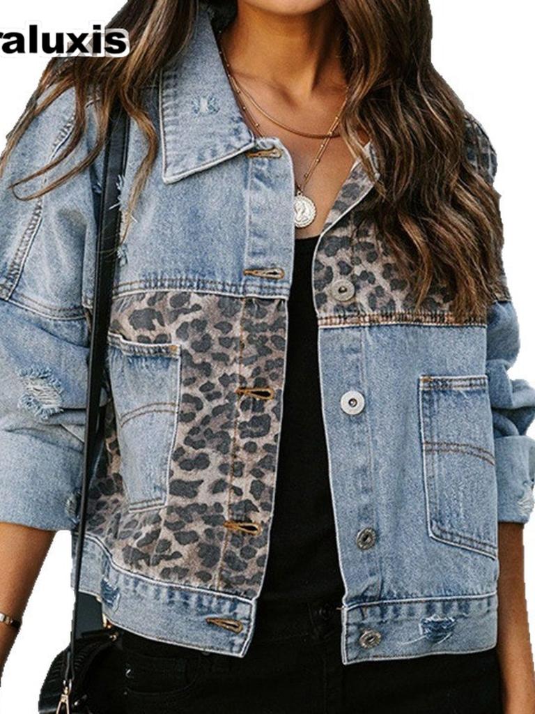 Fall Winter Women's Denim Jacket Long Sleeve Leopard Print Patchwork Coat