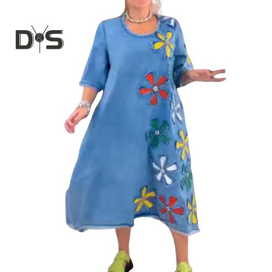 

Осенне-весеннее женское платье с цветочной нашивкой, А-силуэтом, круглым вырезом, большим подолом, рукавами три четверти, рваным подолом, повседневное платье-миди M синий